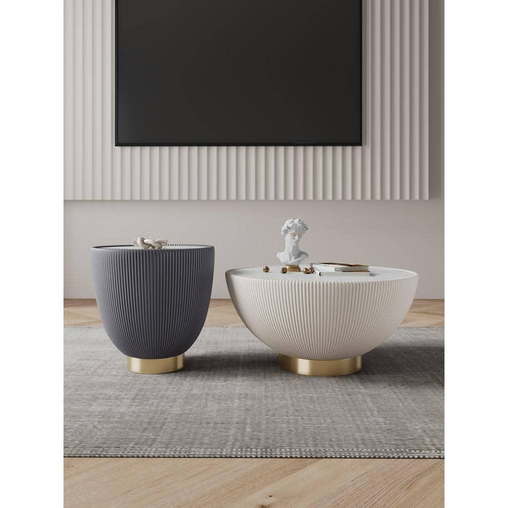 Manhattan Comfort 2pc Anderson Leatherette Upholstered Coffee Table and End Table Set Cream/Gray: Gold Finish, No Assembly Required