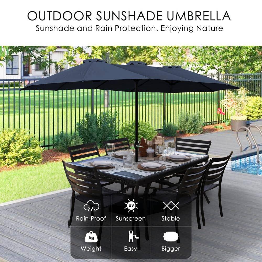 15 ft. x 9 ft. Market Double-Sided Patio Umbrella Extra-Large Waterproof Twin Umbrellas in Navy Blue
