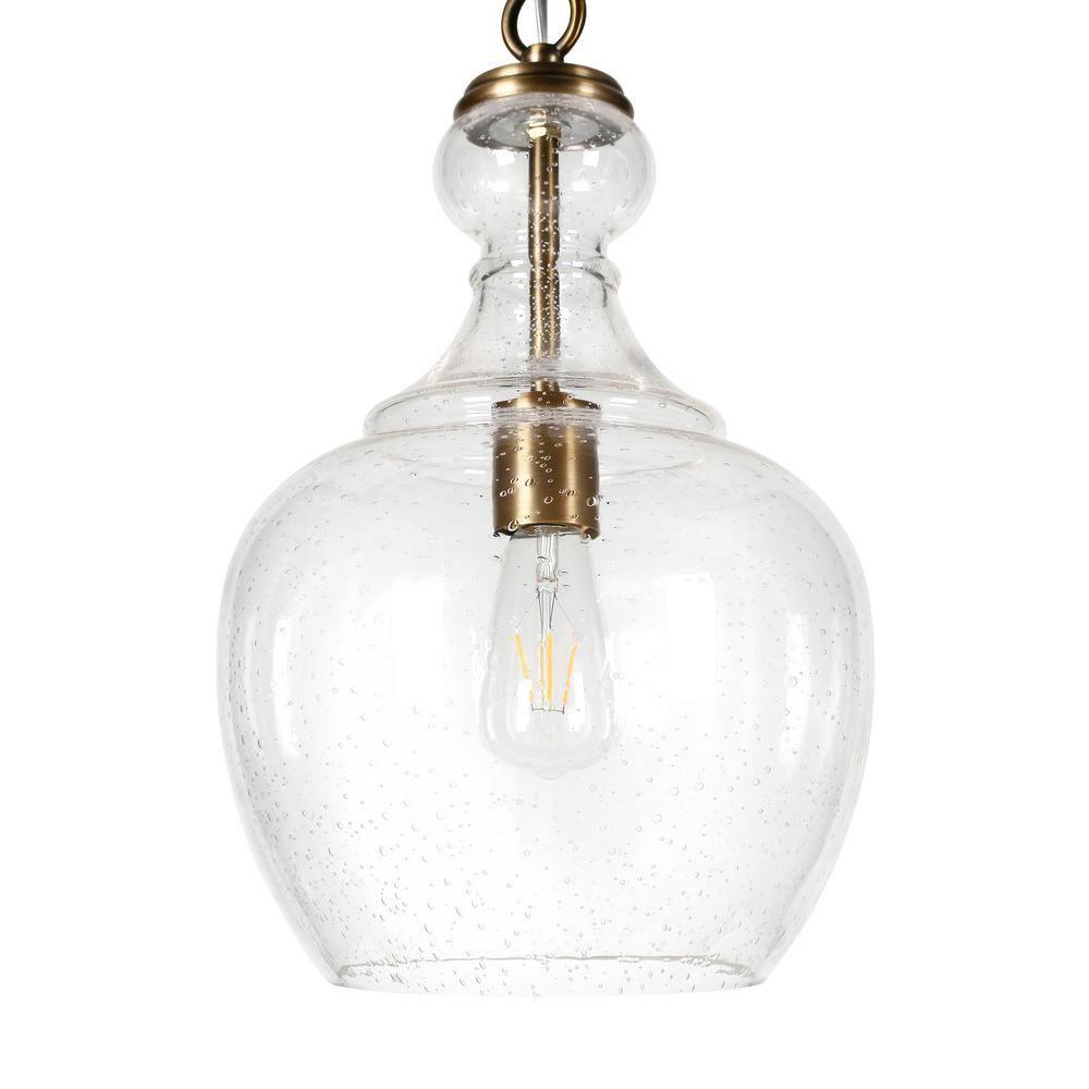 Henn&Hart 11" Wide Pendant with Glass Shade in Brass/Seeded, Pendant, Flush Mount Ceiling Light Fixture for Kitchen, Living Room