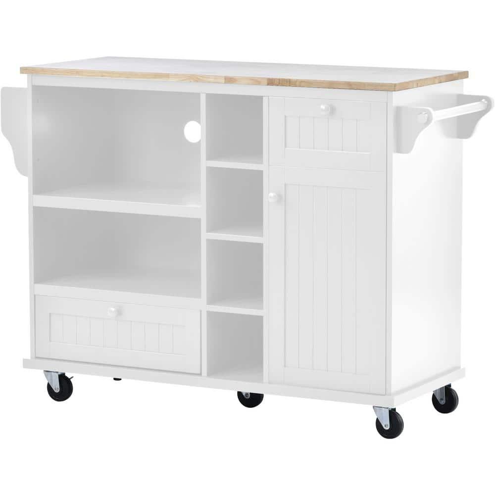 Kitchen Island Cart on Wheels,Mobile Rolling Kitchen Island with Cabinet and 2 Locking Wheels,Solid Wood Desktop,Microwave Cabinet,Floor Standing Buffet Server Sideboard for Kitchen Dining Room,White