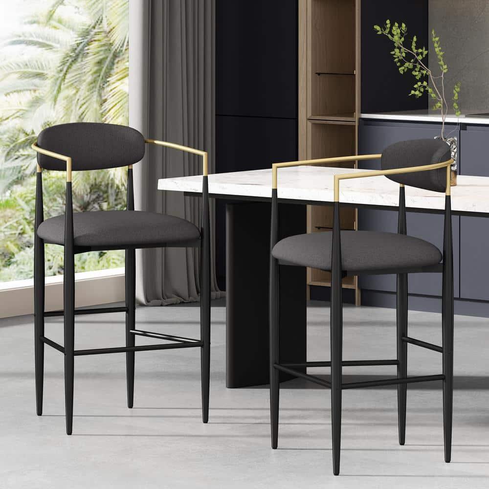 Noble House Boise Indoor Fabric and Metal 30 inch Barstools, Set of 2, Charcoal, Black, and Gold.