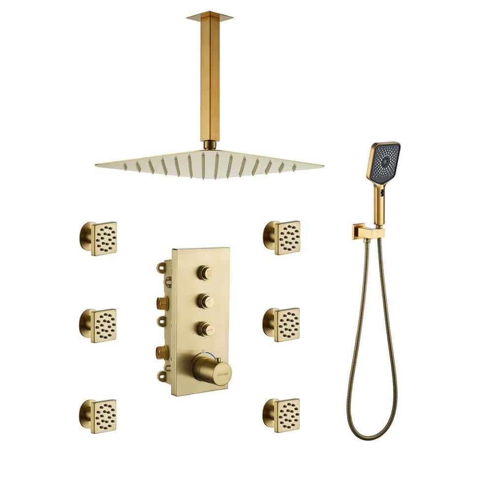 3 Functions 12 Inch Wall Mount Thermostatic Shower System with 6 Body Jets