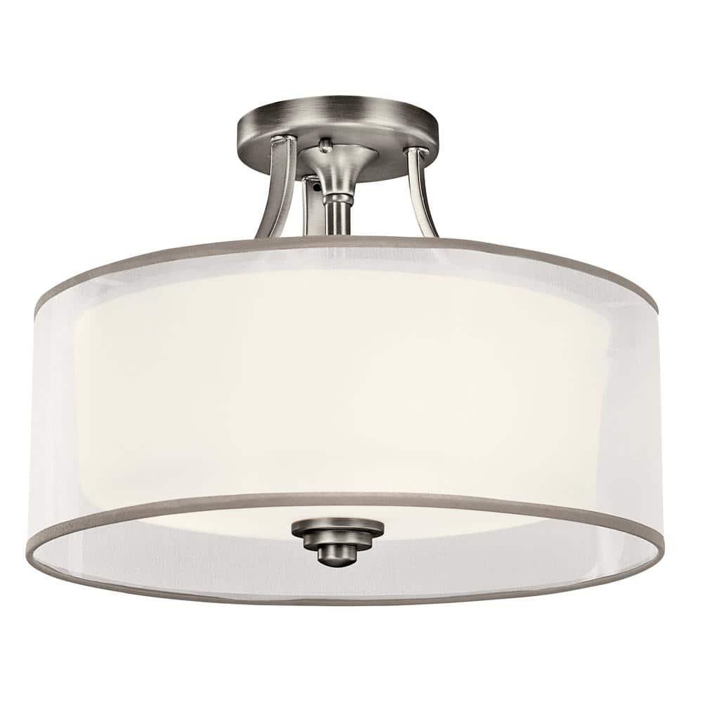 Lacey 15" 3 Light Semi Flush with Satin Etched Cased Opal Inner Diffusers and White Translucent Organza Outer Shade in Antique Pewter
