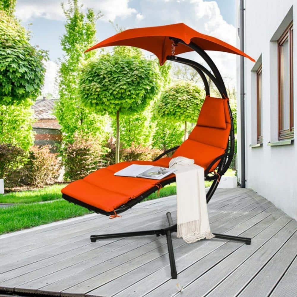 Resenkos Outdoor Chaise Lounge Chair, Hanging Stand Chaise Lounger Swing Chair with Pillow-Orange, Portable Recliner for Lawn Garden Beach Yard