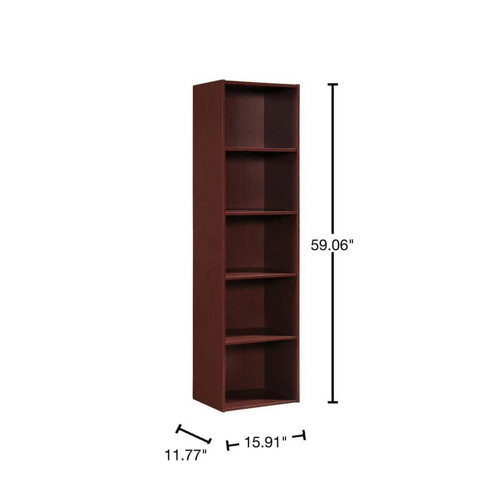 Hodedah 12 x 16 x 60 Inch 5 Shelf Bookcase and Office Organizer Solution for Living Room, Bedroom, Office, or Nursery, Mahogany Wood Finish