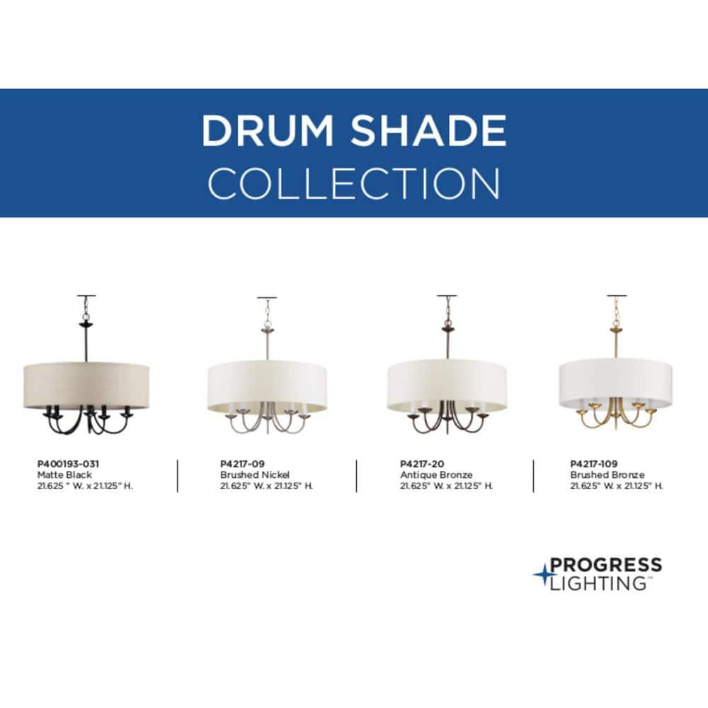 Progress Lighting, Drum Shade Collection, 5-Light Pendant, Black Finish, Harvest Linen Shade
