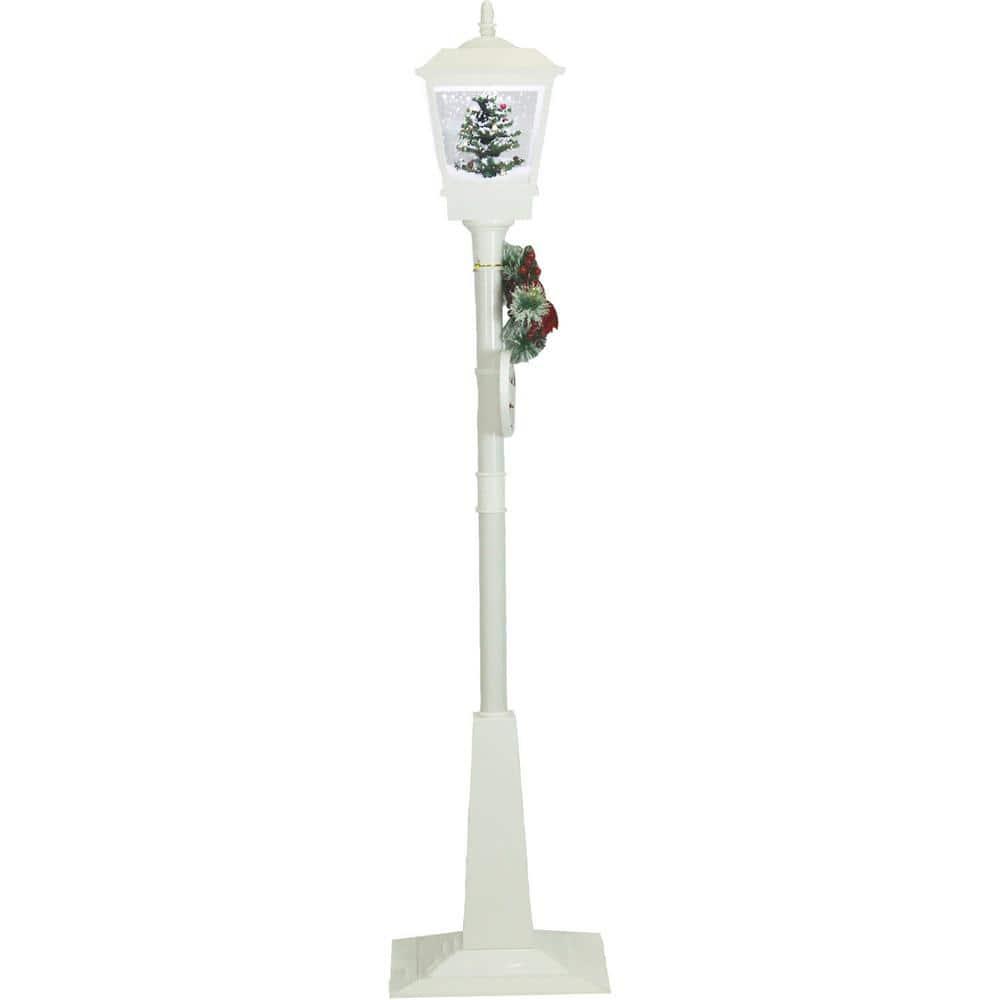 Christmas Time 71-In. Musical Snowy Street Lamp | Christmas Tree Scene, 2 Signs, Cascading Snow, and Holiday Songs | White | CT-SL071A-WHT