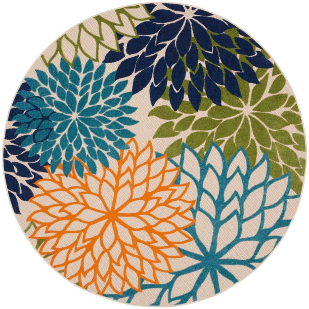 Nourison Aloha Floral Bloom Flatweave High-Low Indoor Outdoor Round Rug Multicolor 7'10" x 7'10"