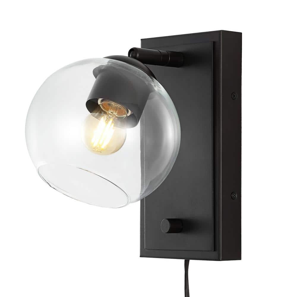 Hugo 6" 1-Light Minimalist Modern Plug-In or Hardwired Adjustable Iron LED Wall Sconce with Rotary Dimmer, Oil Rubbed Bronze with Clear Globe