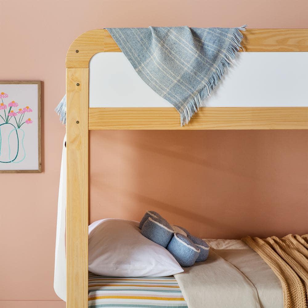 Walker Edison Contemporary Twin over Twin Wooden Bunk Bed with Ladder, Natural Pine