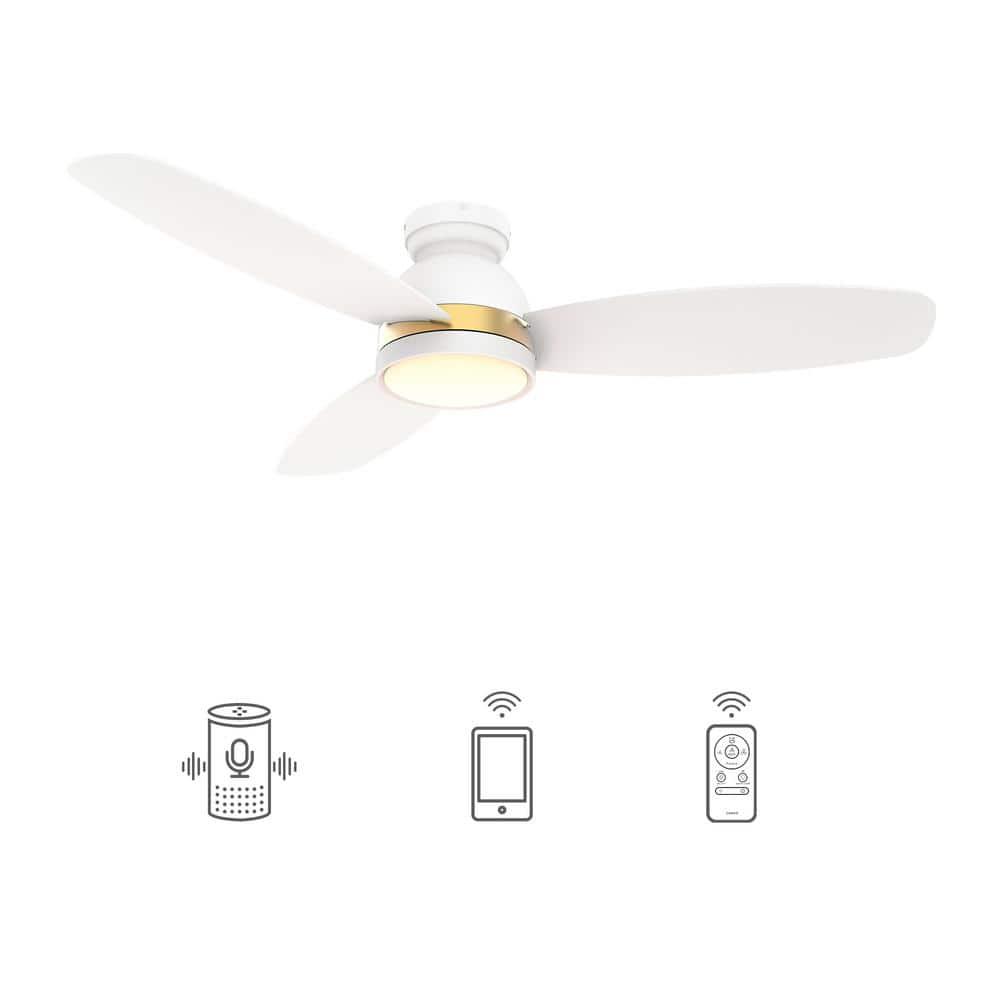 52" White/Gold Indoor Low Profile Smart Ceiling Fan with Remote Control and Dim Lights
