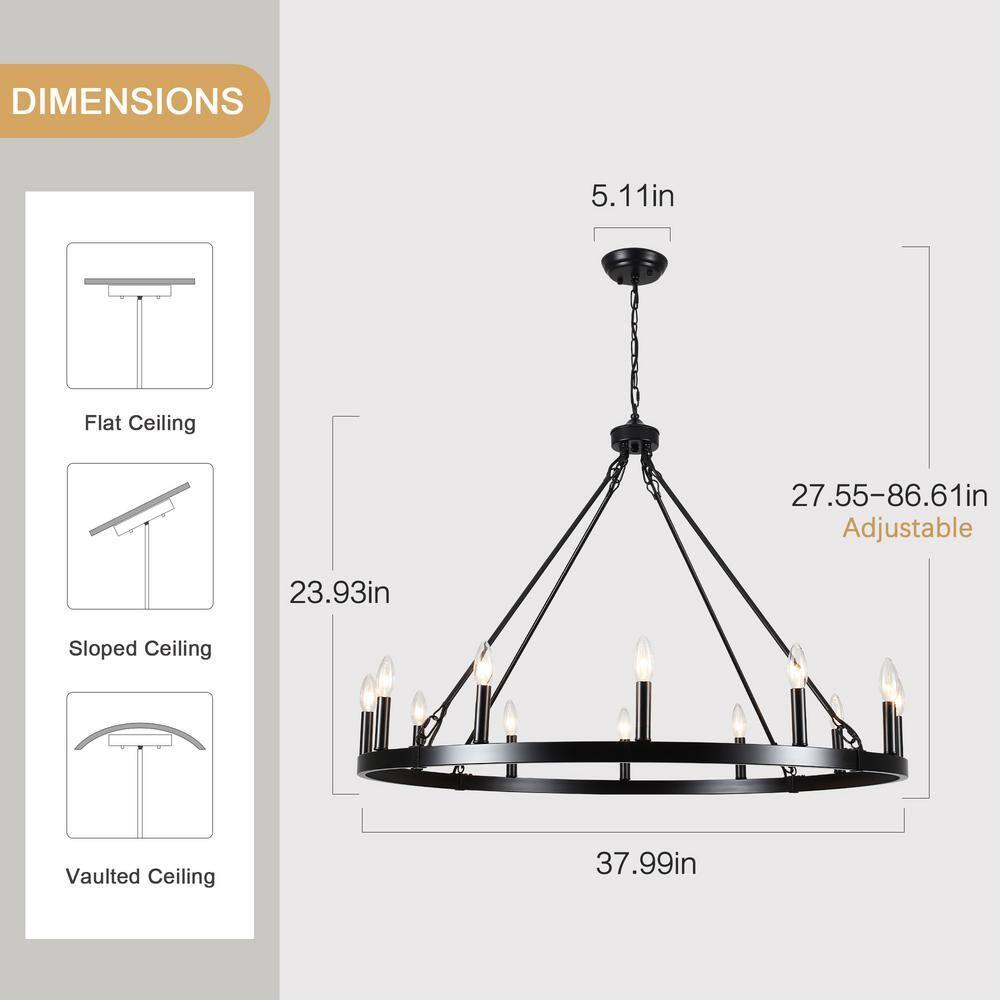 12-Light Black Farmhouse Candle Design Circle Iron Wagon Wheel Chandelier for Dining Room with No Bulbs Included
