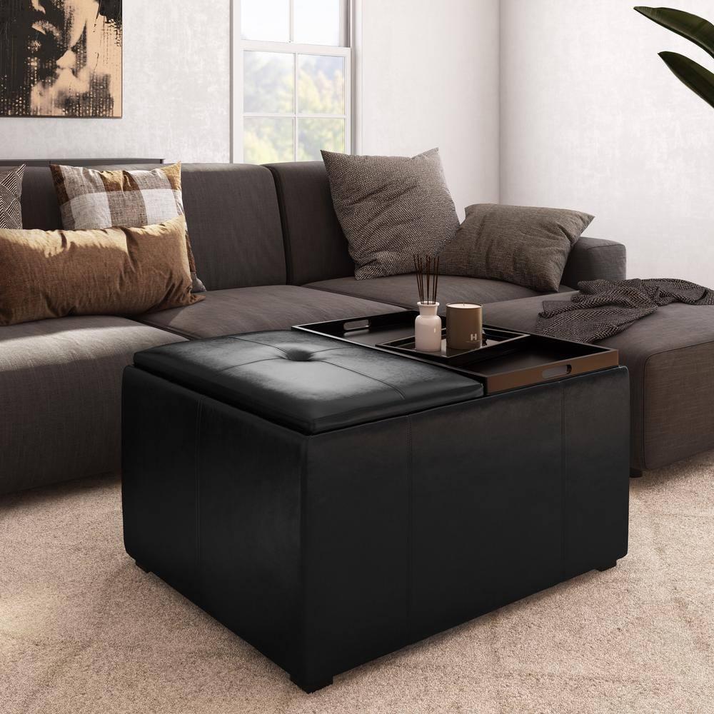 Simpli Home Avalon 34in.W Coffee Table Storage Ottoman in Midnight Black Faux Air Leather