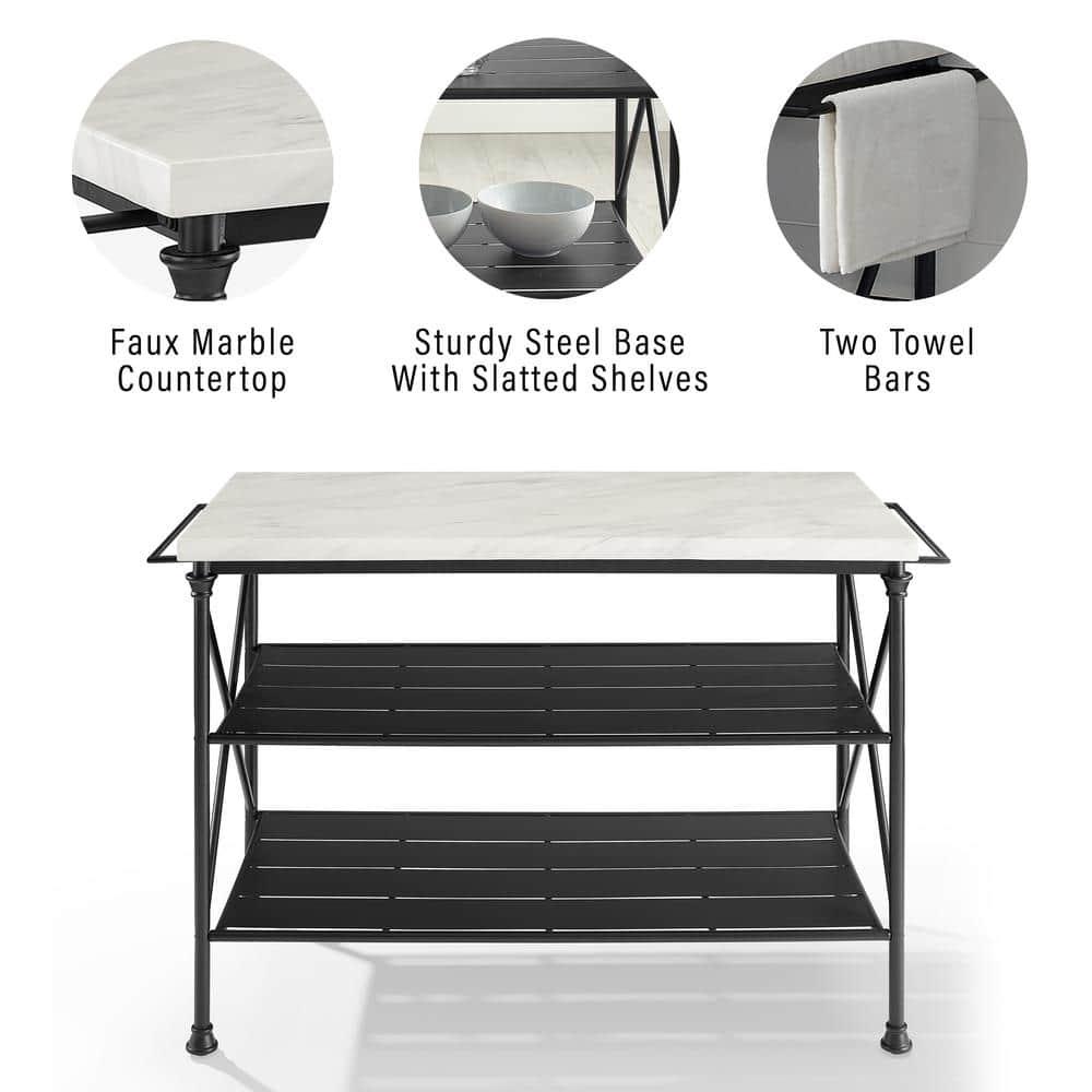 Crosley Madeleine Kitchen Island Matte Black: French Industrial Style, Steel Base, Open Storage Shelves, Towel Bars