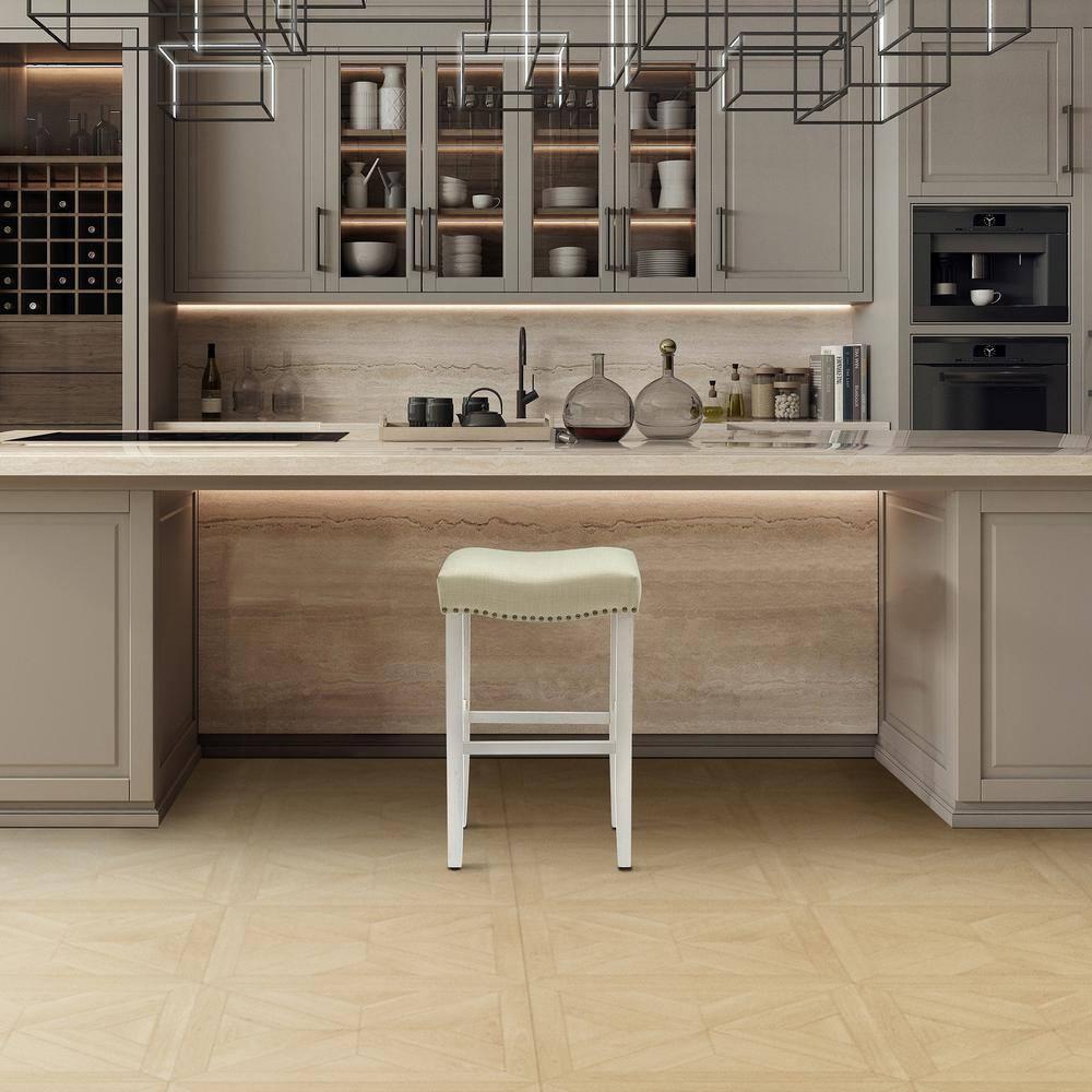 29" Upholstered Nail Head Counter Stool, Antique White/Beige