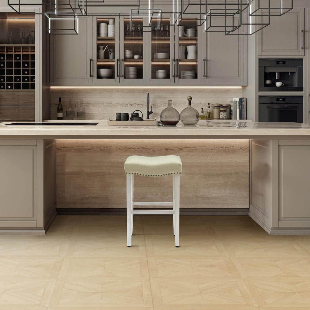29" Upholstered Nail Head Counter Stool, Antique White/Beige