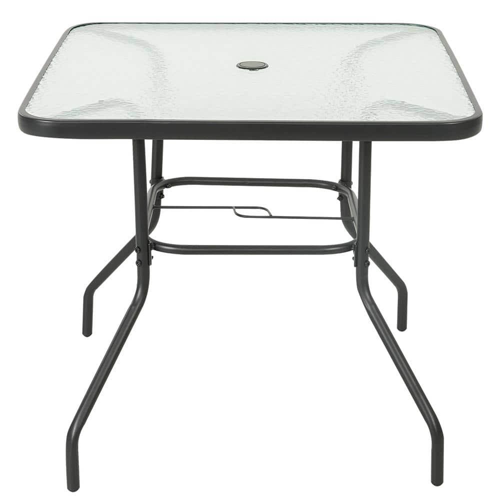 Square Outdoor Table, Patio Table with Umbrella Hole, Patio Dining Table with Tempered Glass, Outdoor Dining Tables, Square Patio Table for Balcony, Backyard, Poolside, Sunroom, Patio Tables, Black