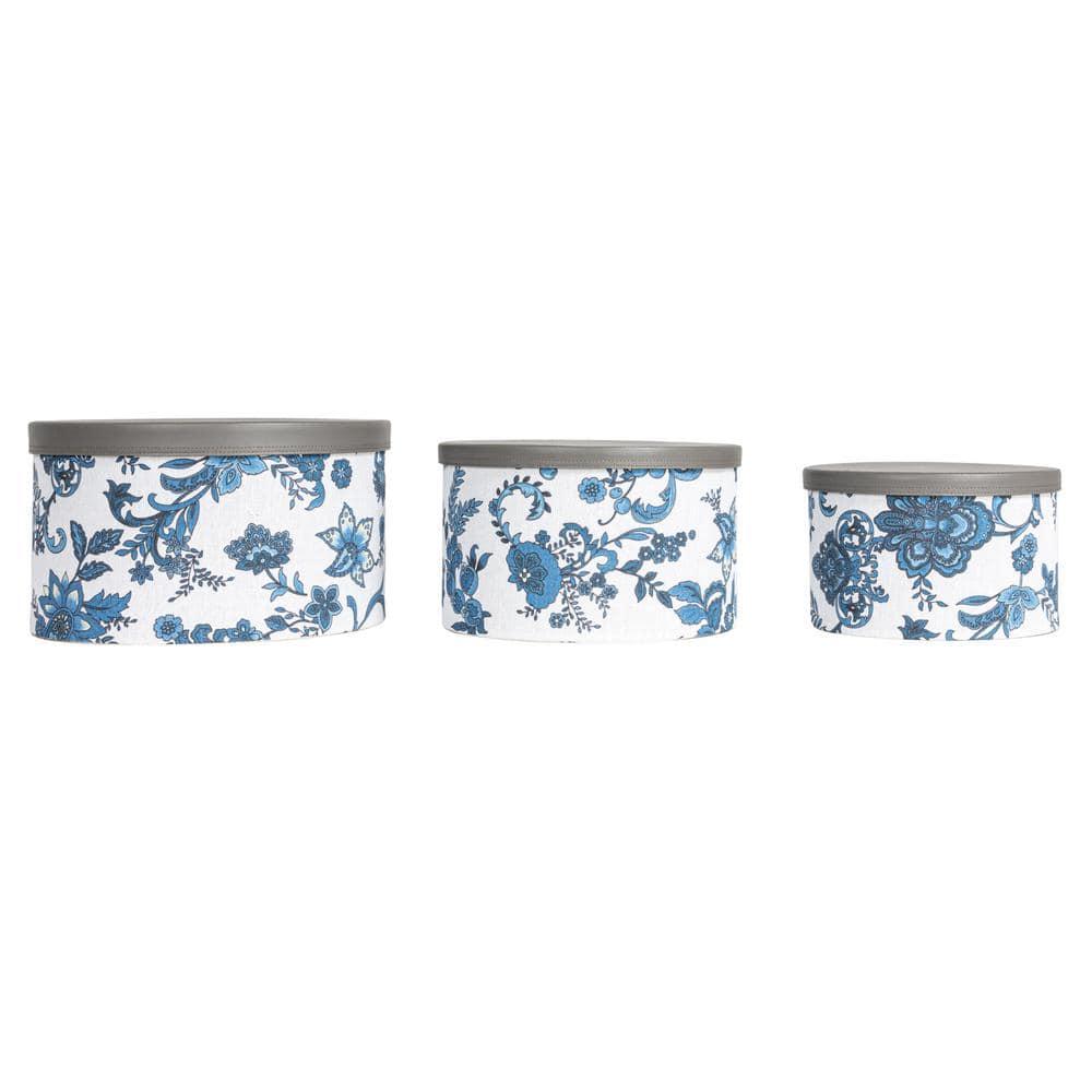 Floral Nestable Hat Boxes with Faux Leather Lids, Cream and Blue, Set of 3