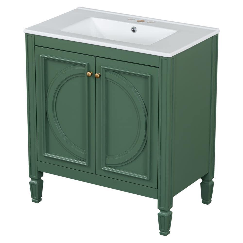 Christopher Knight Home Alison 30" Modern Rubberwood Bathroom Vanity with Ceramic Sink, Shelves and Drawer, Green
