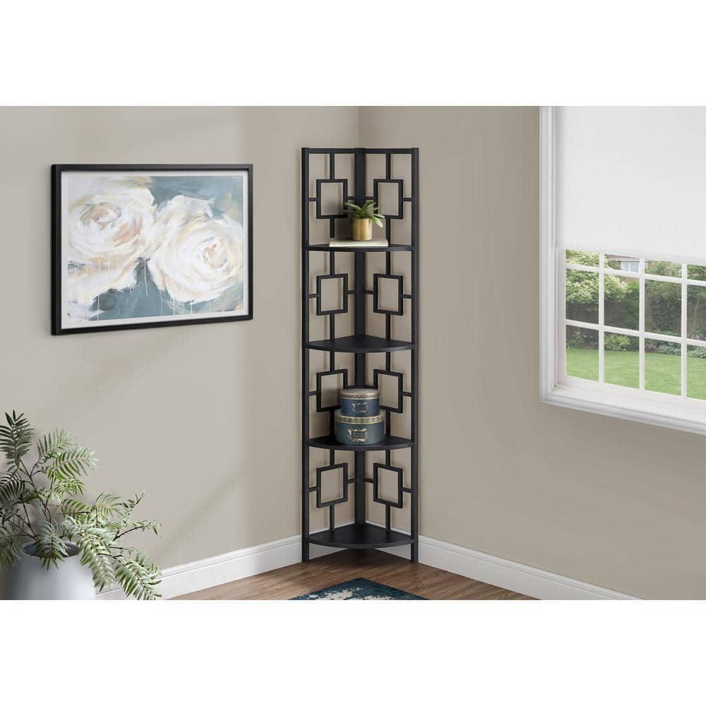 CintBllTer I 3610 Bookshelf, Bookcase, Etagere, Corner, 4 Tier, 62" H, Office, Bedroom, Metal, Laminate, Black, Contemporary, Modern