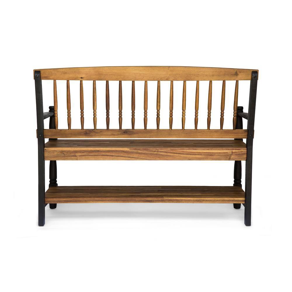 GDF Studio Kuhn Indoor/Outdoor Acacia Wood Bench with Shelf, Teak and Black