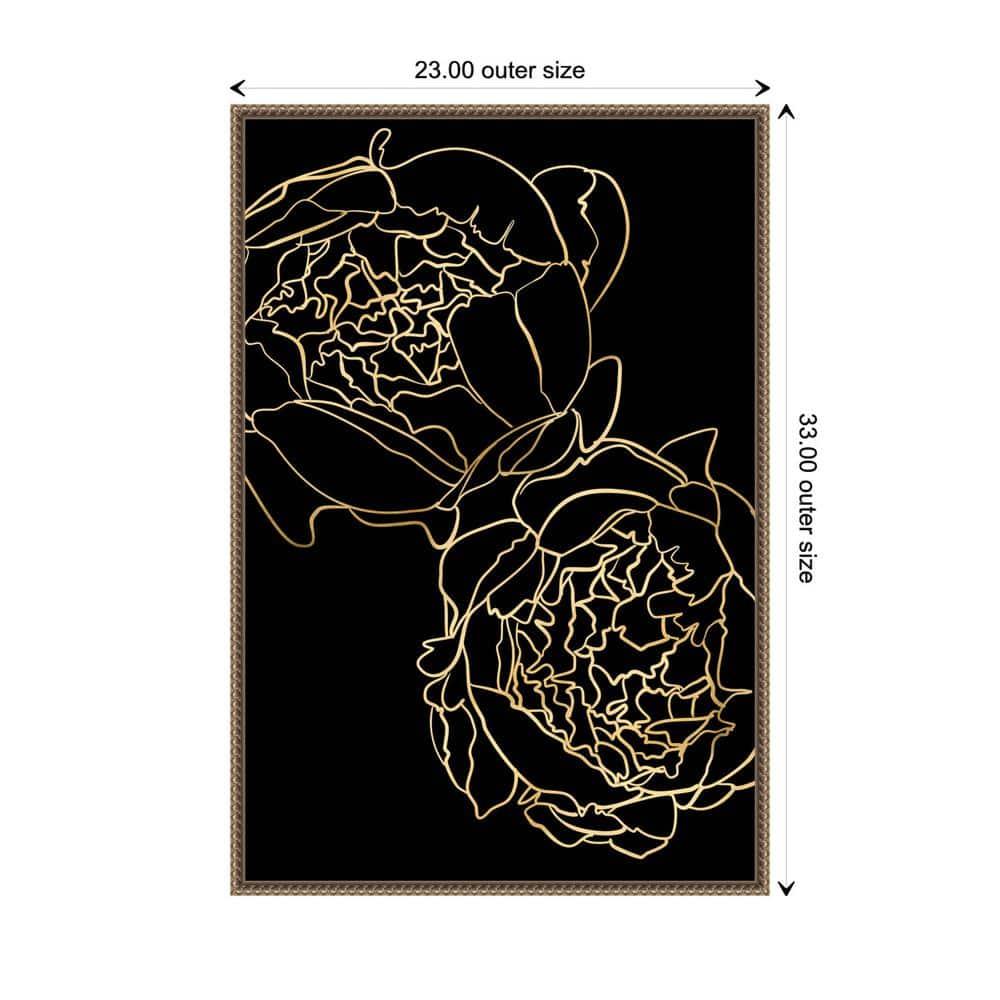 23"x33" Peonies in gold and black by Rosana Laiz Blursbyai Framed Canvas Wall Art Print Bronze - Amanti Art: Vertical Lithograph, Modern Decor
