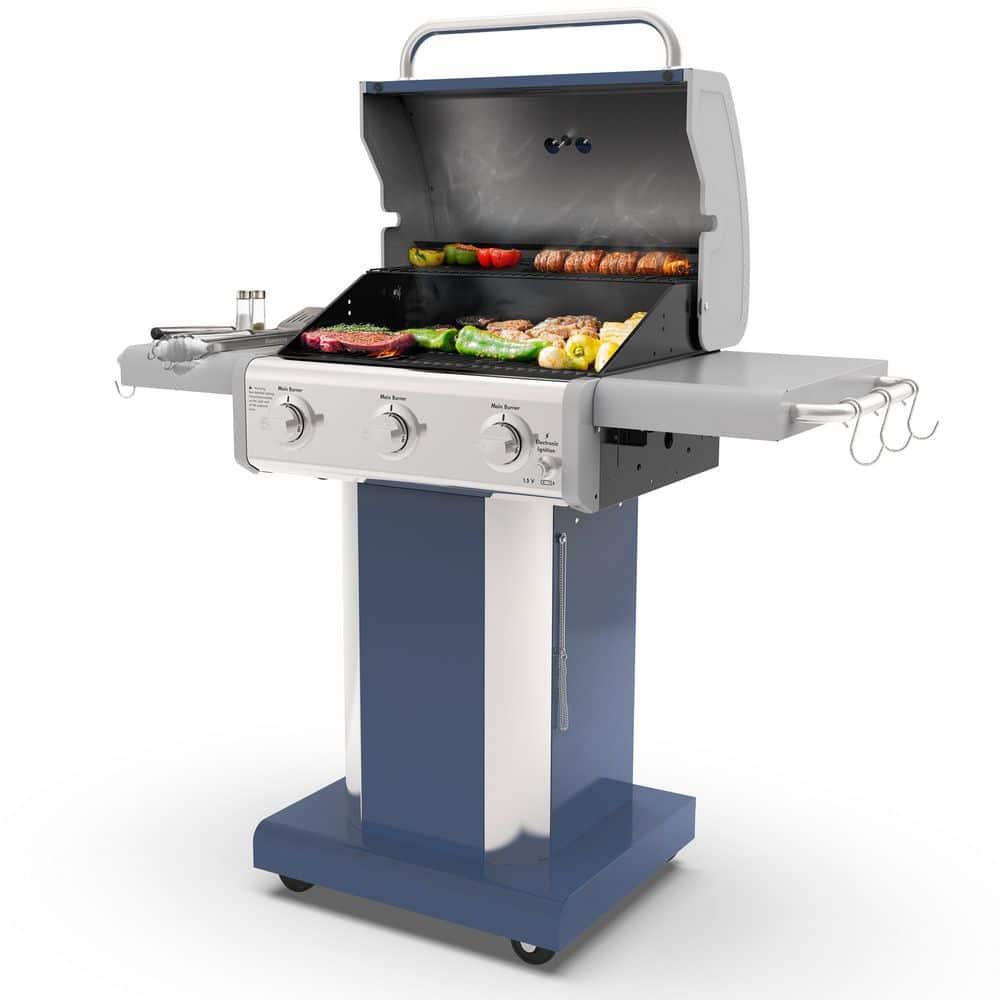 Kenmore 3-Burner Propane Gas Grill with Foldable Side Tables for Outdoor BBQ