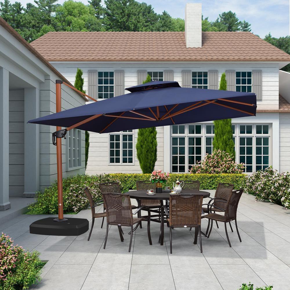 PURPLE LEAF 11FT Deluxe Square Wood Grain Patio Umbrella, Large Offset Cantilever Umbrella with 360° Rotation, Navy Blue