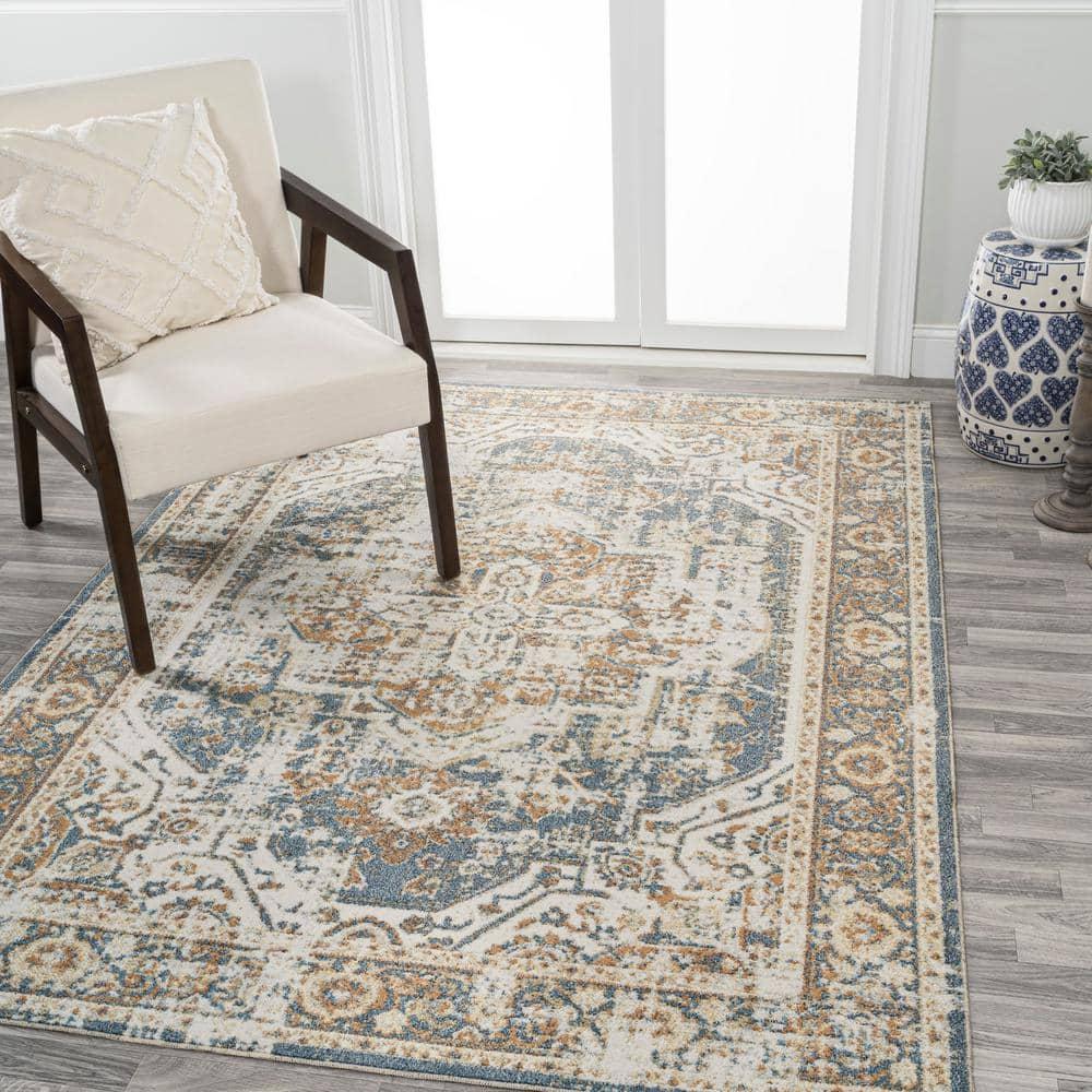 JONATHAN Y Keesha Bold Distressed Medallion Low-Pile Machine-Washable Blue/Cream 5 ft. x 8 ft. Area Rug