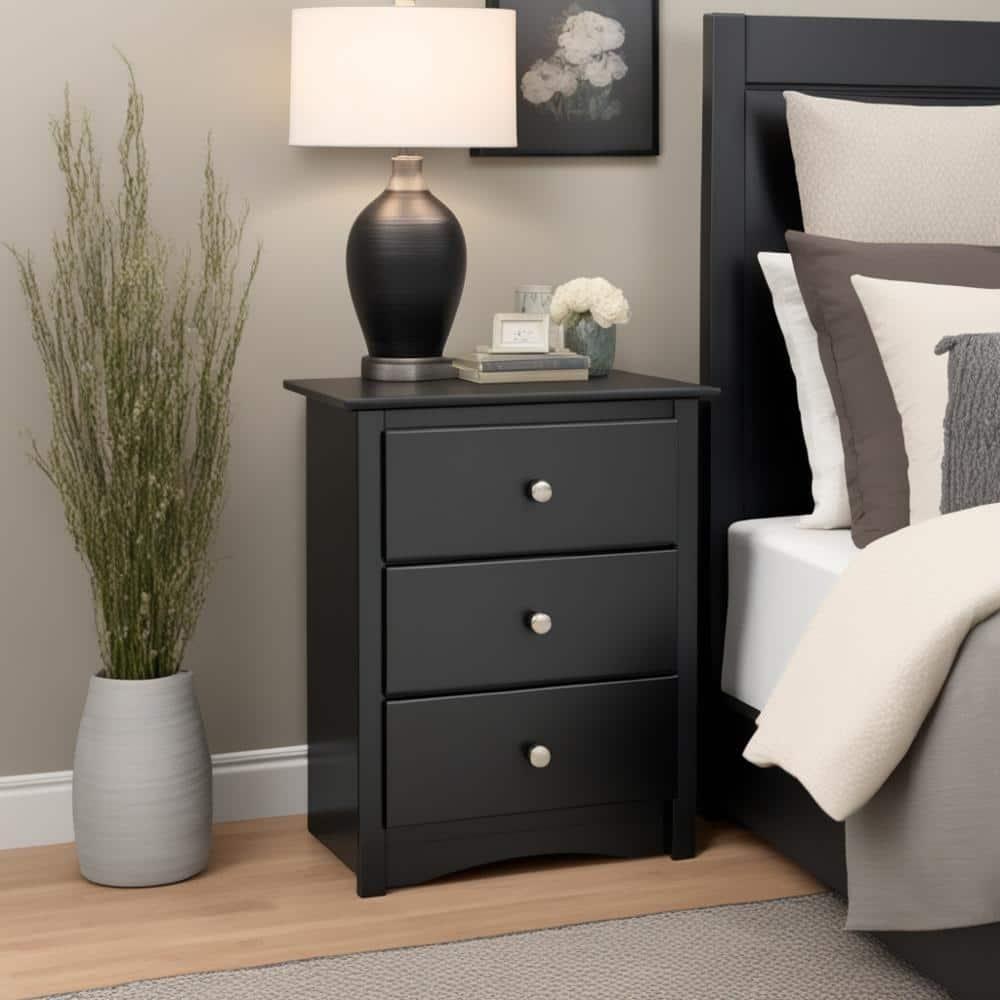 Prepac Sonoma 3 Drawer Nightstand - Black : Wood Composite Bedside Table, Rectangle Shape, Spot Clean