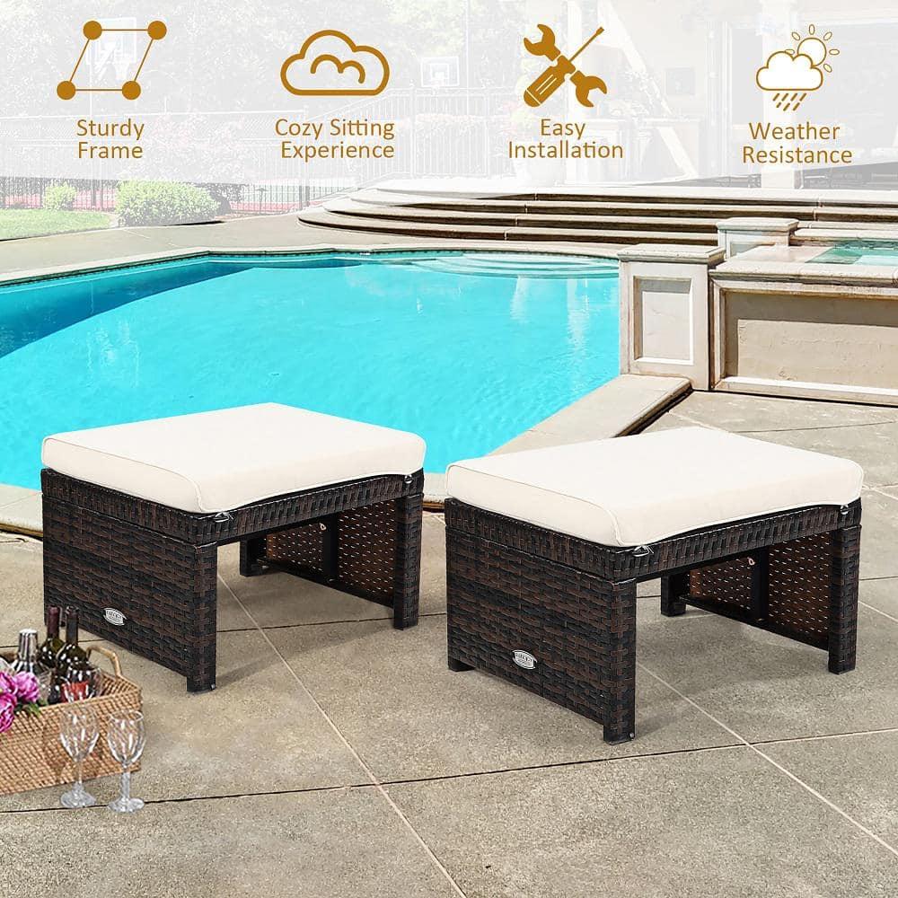 Spaco 2 Pieces Outdoor Patio Rattan Wicker Ottoman Set with Soft Cushion for Garden, Balcony, Poolside, White
