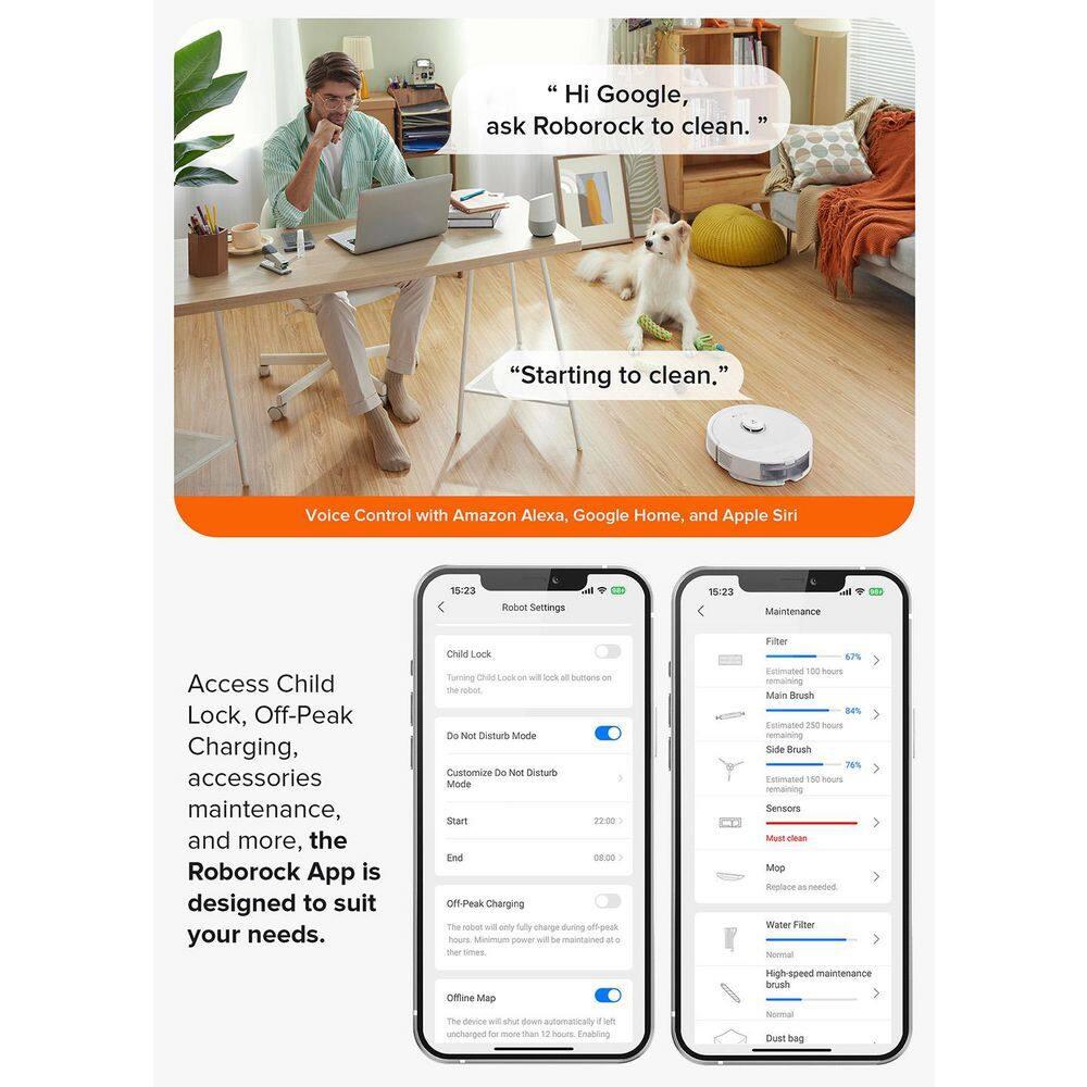 Q8 Max Robotic Vacuum White: Roborock, Cordless, Smart Mapping, App Controlled, Tangle-Free, Multi-Surface, 1-Year Warranty