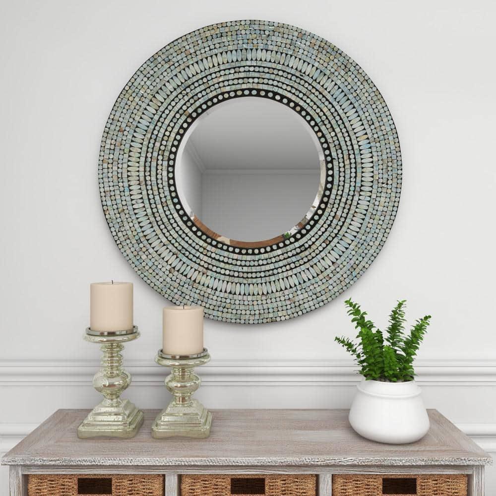 Olivia & May Wood Handmade Mosaic Wall Mirror Silver : Nautical Coastal Decor, 31.5" Round, No Assembly Required