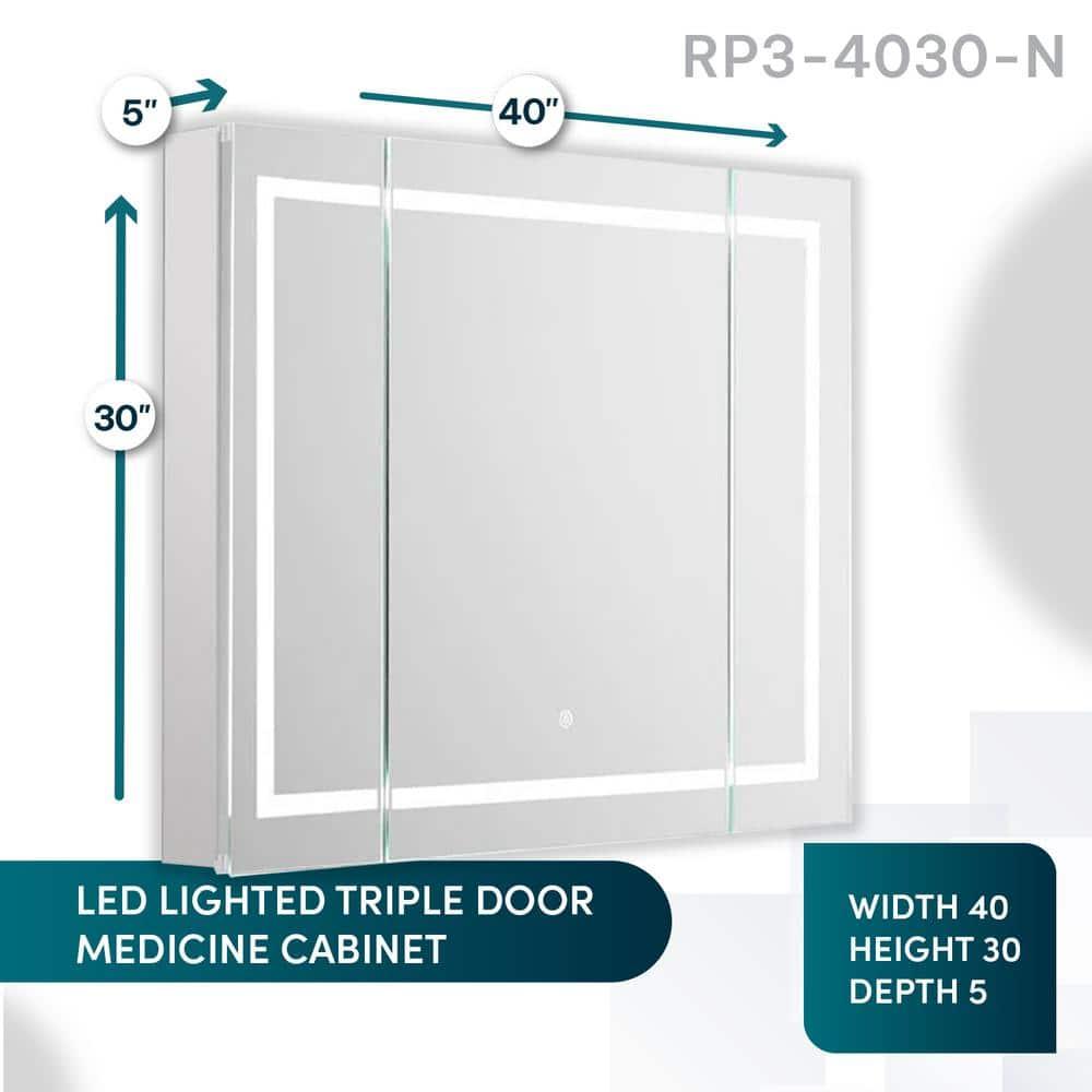 Royale Plus 40 in. W x 30 in. H Clear Recessed/Surface Mount Medicine Cabinet with Mirror, Tri-View Doors, LED, Defogger
