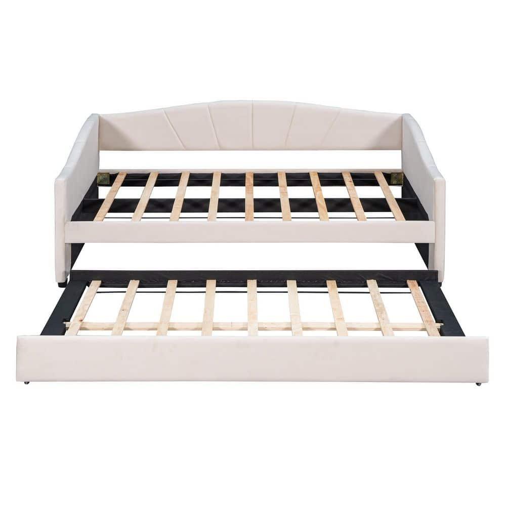 Upholstered Daybed with Trundle, Modern Twin Size Tufted Velvet Upholstered Daybed Frame with Wood Slat Support, Dual-use Platform Bed Sofa Bed with Wingback and Armrests for Living Room Bedroom Beige
