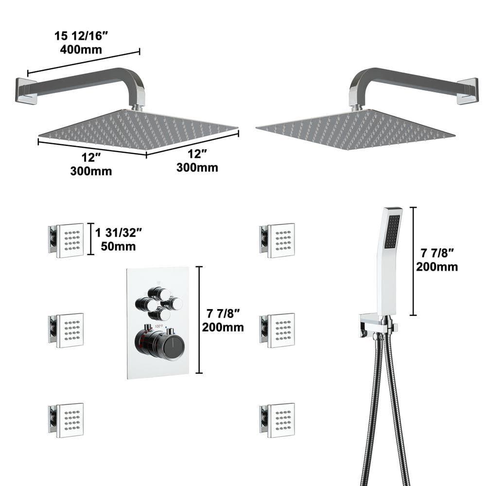 CASAINC CS6228-12CH Dual Shower Head Thermostatic Rainfall Shower System with Rough in-Valve and Shower Body Spray