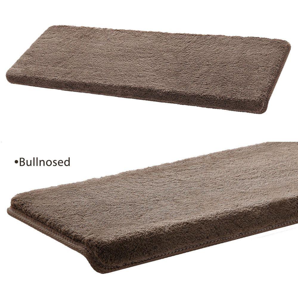 Soft Plush Brown 9.5 in. x 30 in. x 1.2 in. Bullnose Indoor Stair Tread Cover Tape Free Non-slip Carpet Set of 14