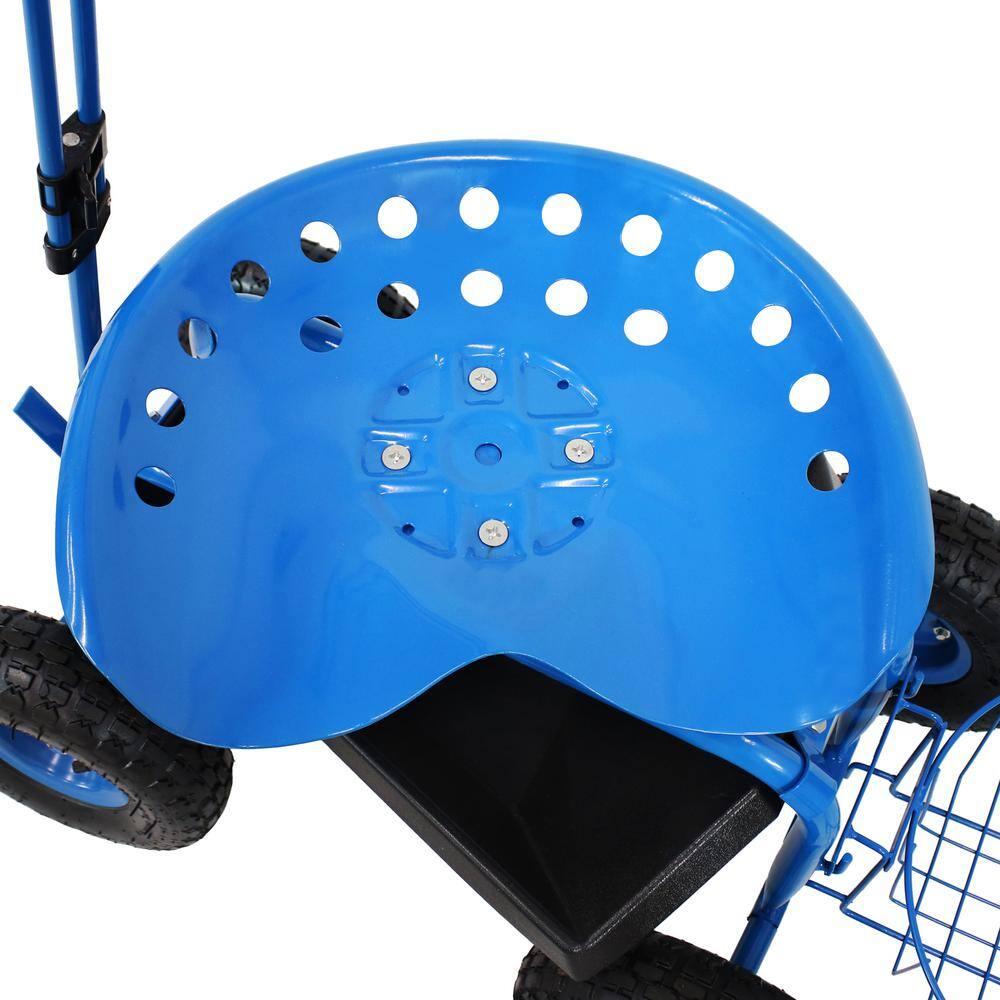 Sunnydaze Outdoor Heavy-Duty Steel Rolling Gardening Cart with Extendable Steer Handle, Swivel Chair, Tool Tray, and Basket - Blue
