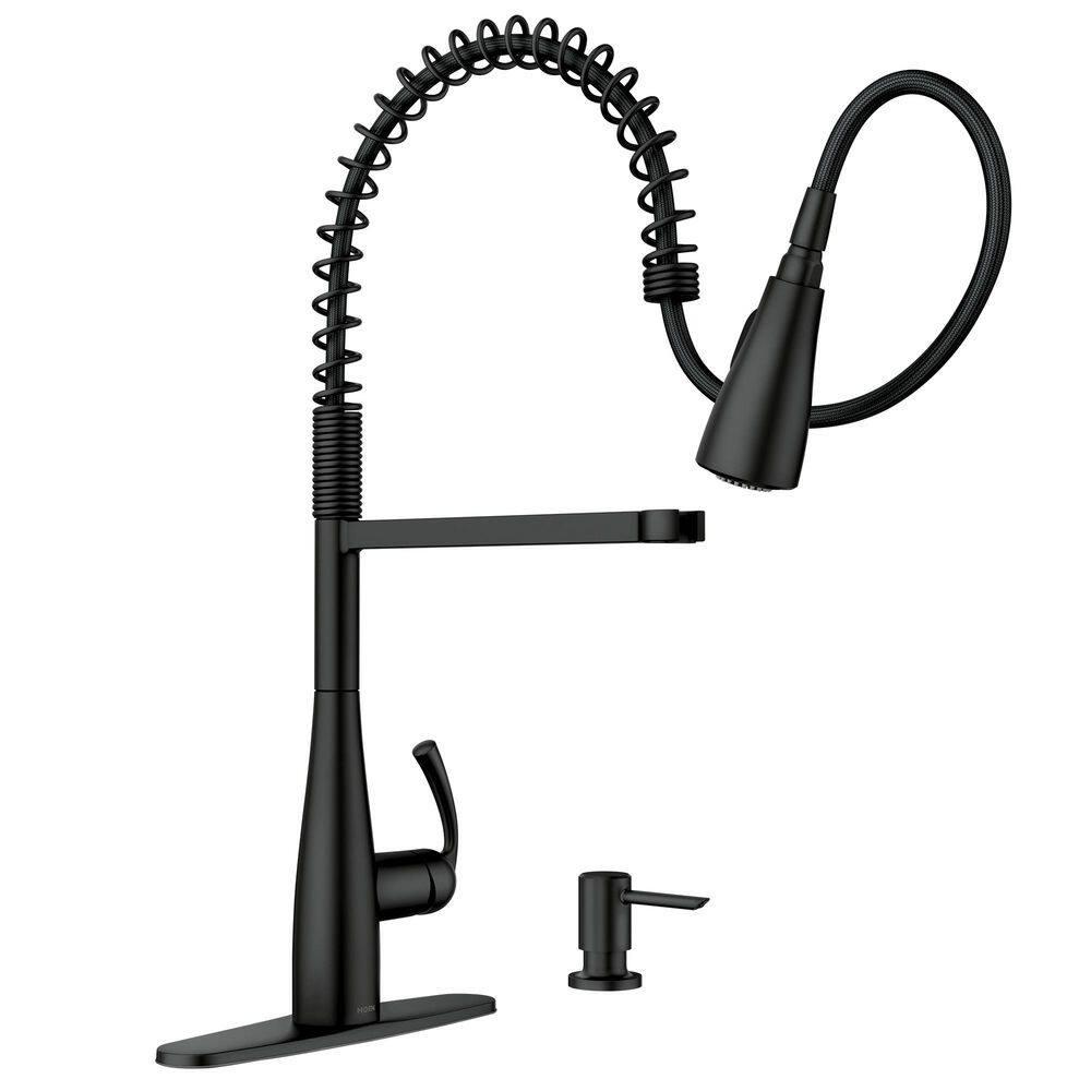 Moen Essie Pre-Rinse Spring Pull Down Single Handle Kitchen Faucet with Power Clean Technology and Soap Dispenser