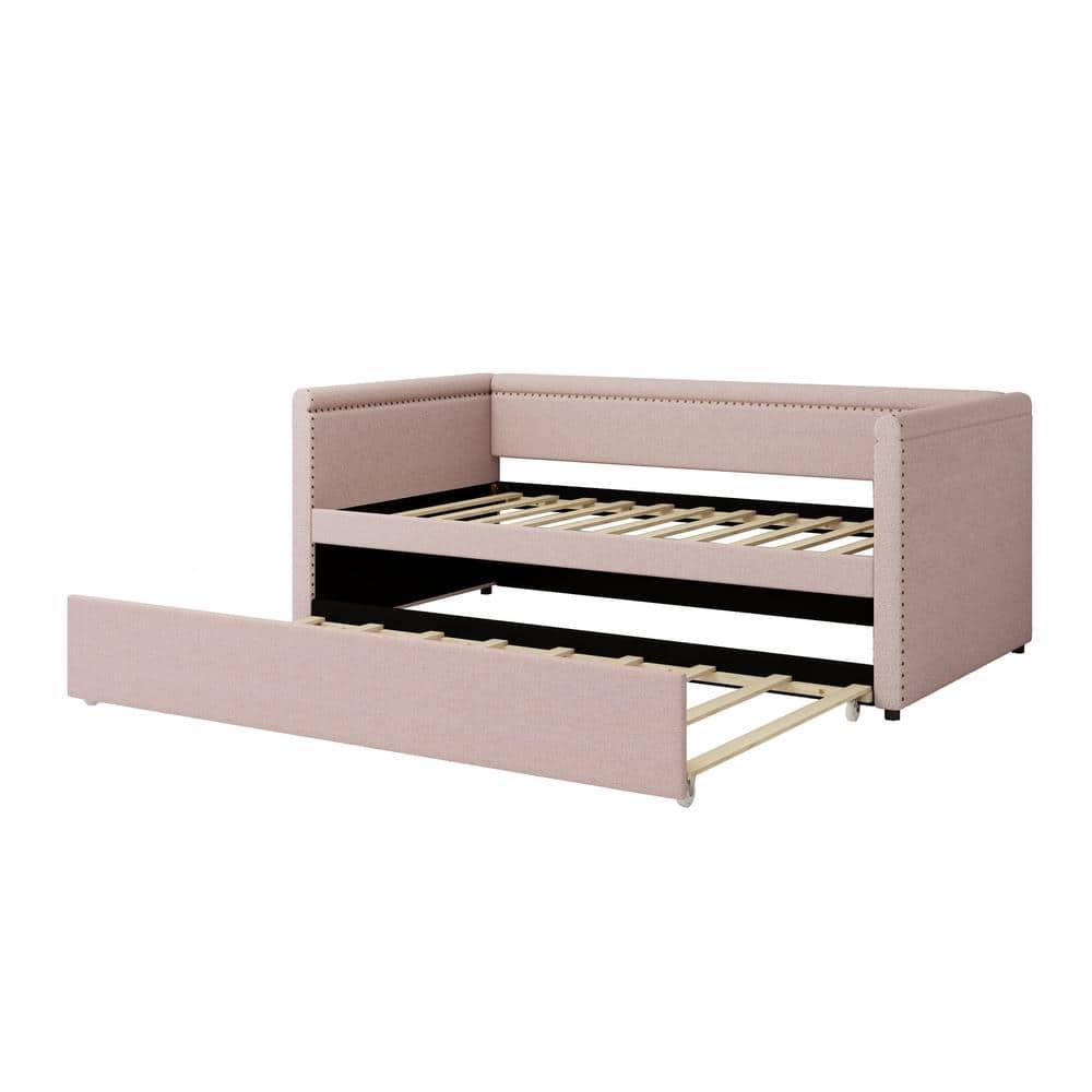 Pink Modern Style Twin Size Linen Upholstered Daybed with Trundle, Curved Arms, Nailhead Trims