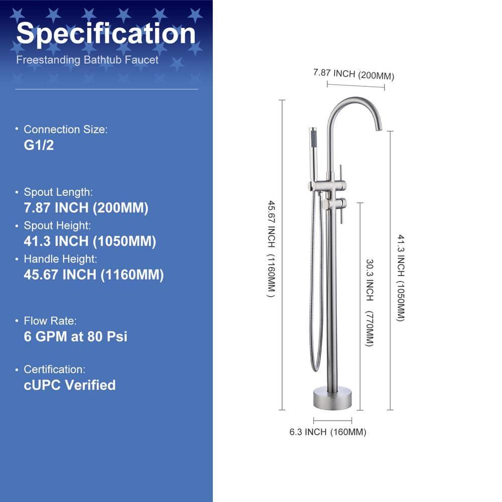 Double Handle Floor Mounted Freestanding Tub Filler With Handshower