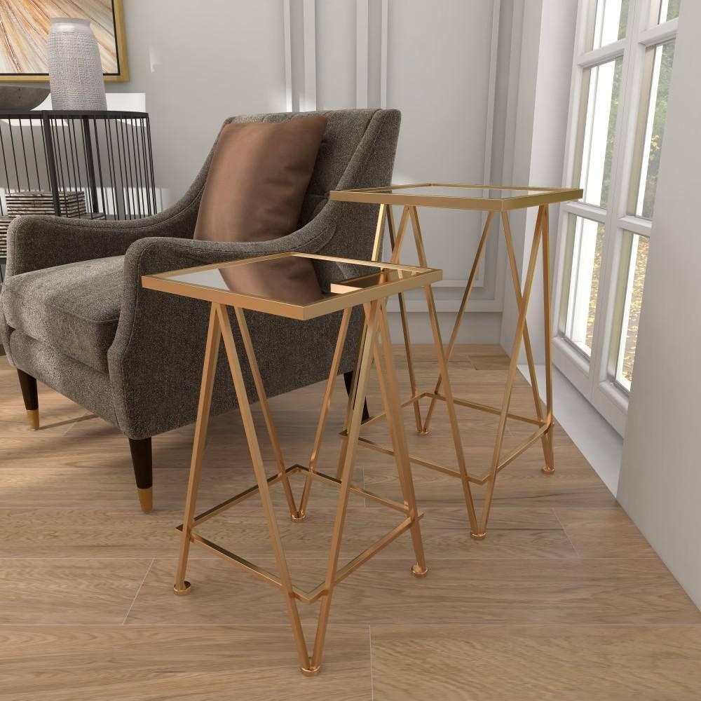 DecMode 15" x 26" Gold Metal Accent Table with Mirrored Glass Top, 2-Pieces