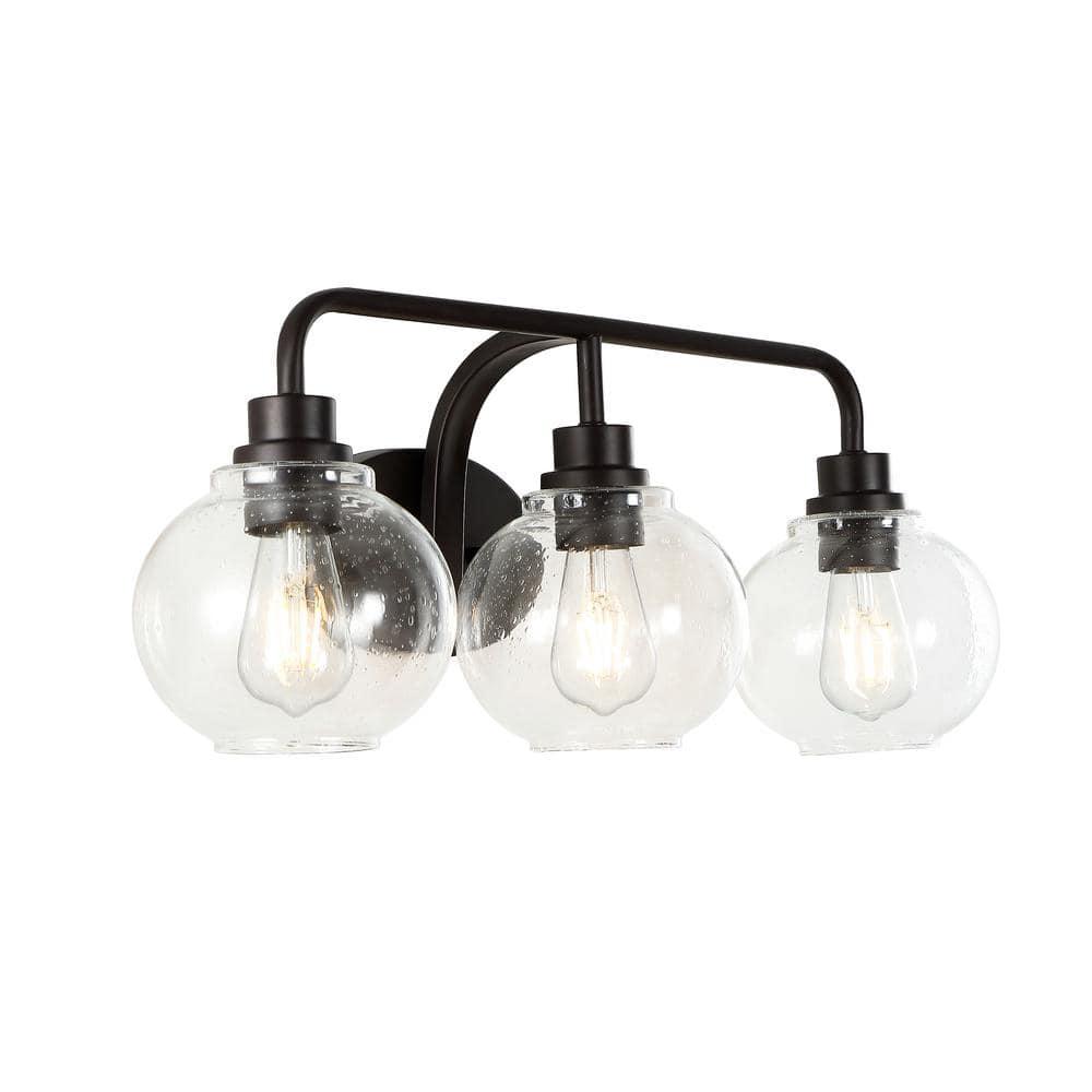 JONATHAN Y Sandrine 26.25" 3-Light Iron/Seeded Glass Cottage Rustic LED Vanity Light, Oil Rubbed Bronze