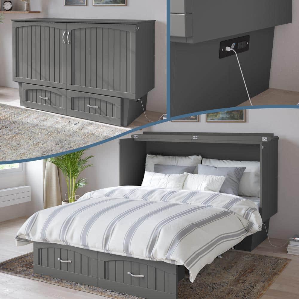 Queen Nantucket Murphy Bed Chest USB Turbo Charger Gray - AFI: Space-Saving, Built-In Charging, No Box Spring Required