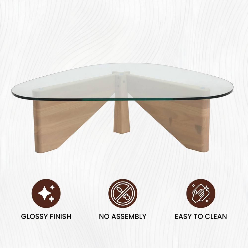 LeisureMod Imperial Collection Triangular Glass Top Coffee Table with Glossy Ash Wood Base for Home, Living Room, Office