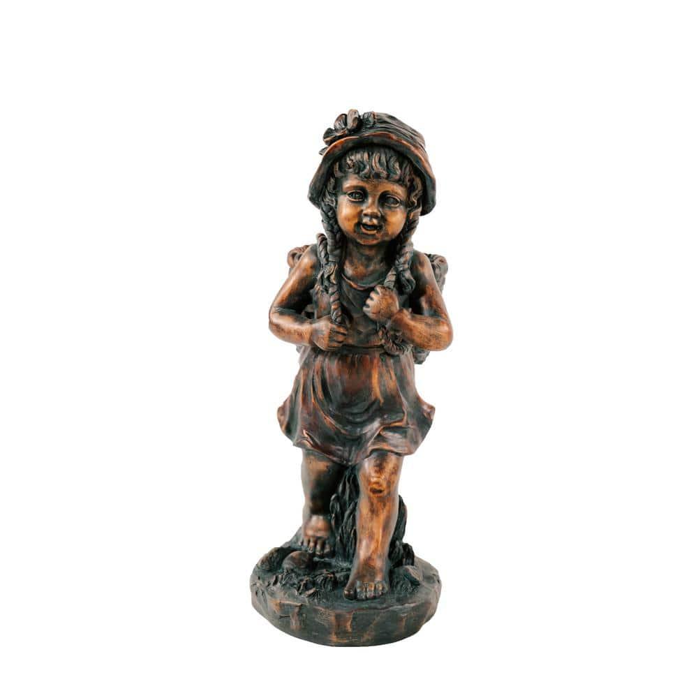 24in.H Faux Bronze Magnesium Oxide Walking Girl Garden Statue w/Small Flower PlantPot, Outdoor, Natural Design Sculpture