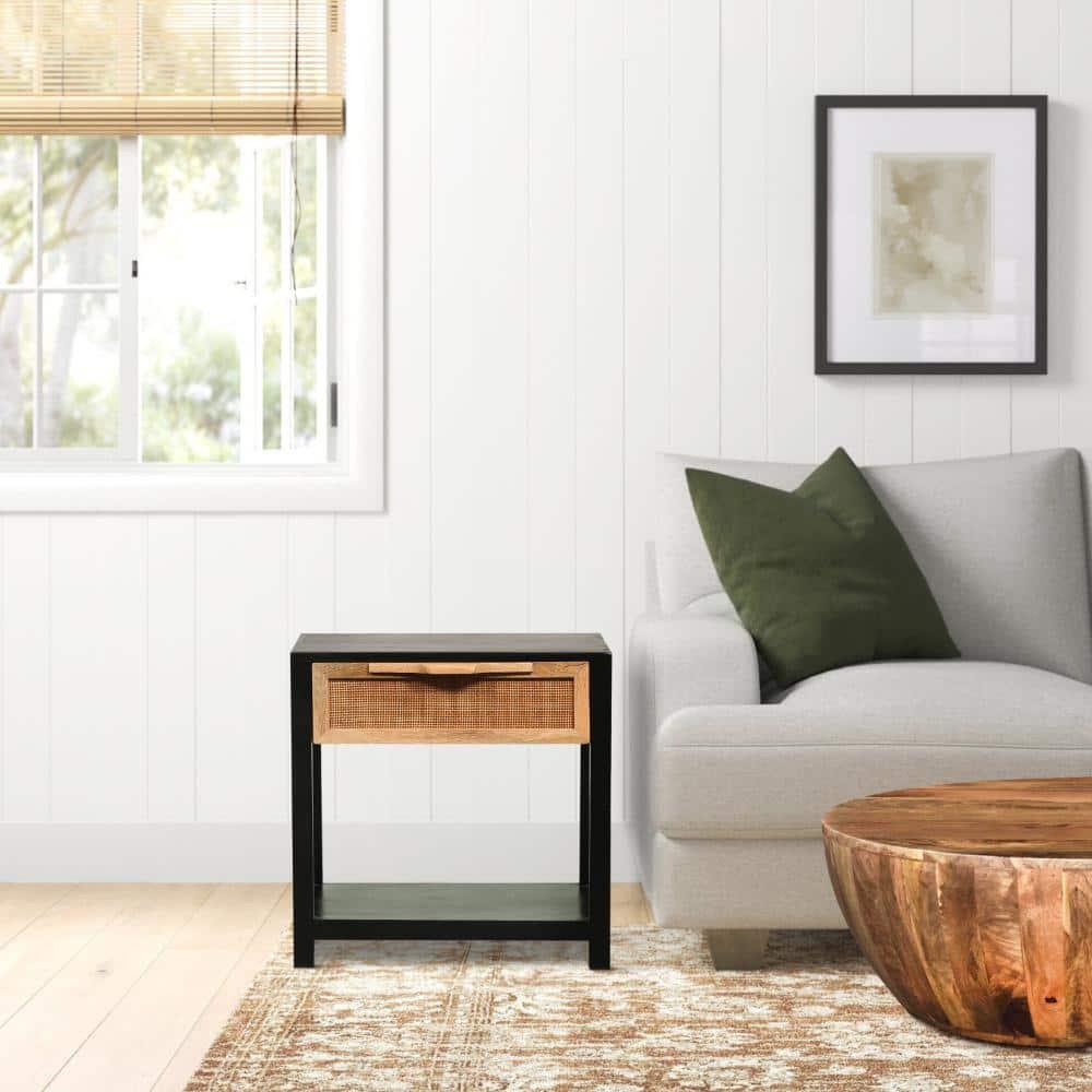 Benzara 22" Side Table with Rattan Front Drawer and Open Shelf Mango Wood Frame Black/Brown