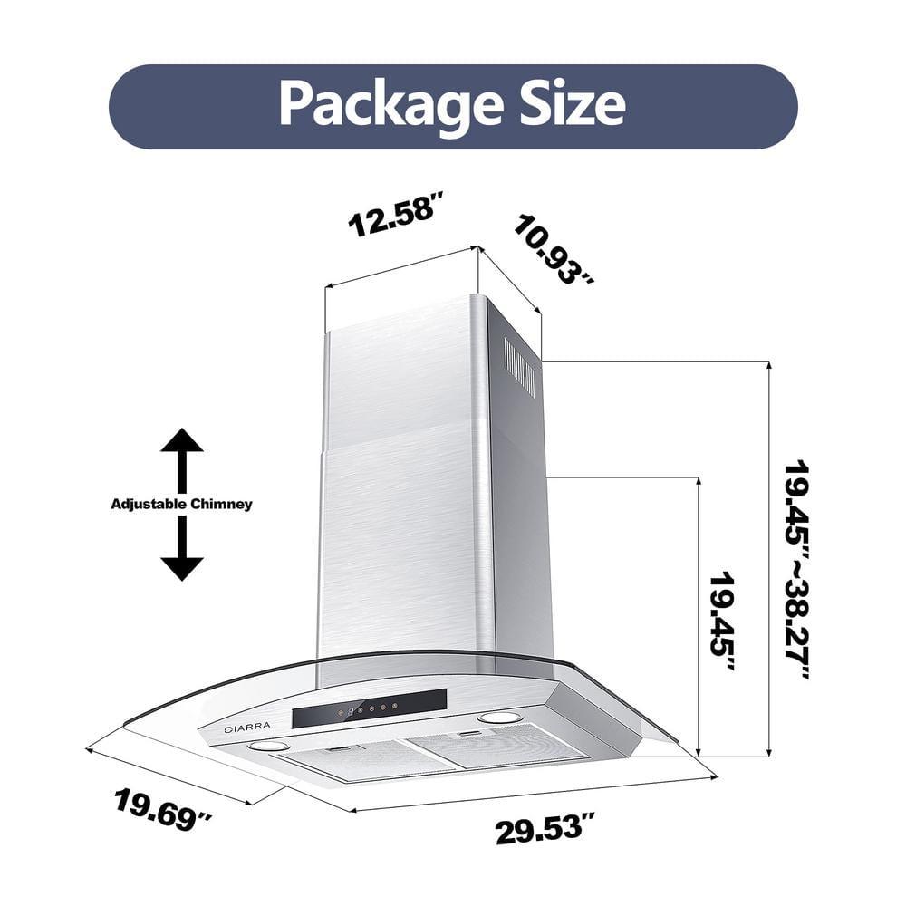 CIARRA Wall Mount Range Hood 30 inch with Tempered Glass 450 CFM Kitchen Vent Hood Ductless Ducted Convertible CAS50275