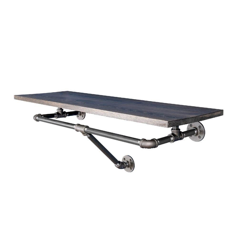 PIPE DECOR  24" Wall Mounted Clothing Rack with Wood Shelf and Industrial Steel Pipe Boulder Black