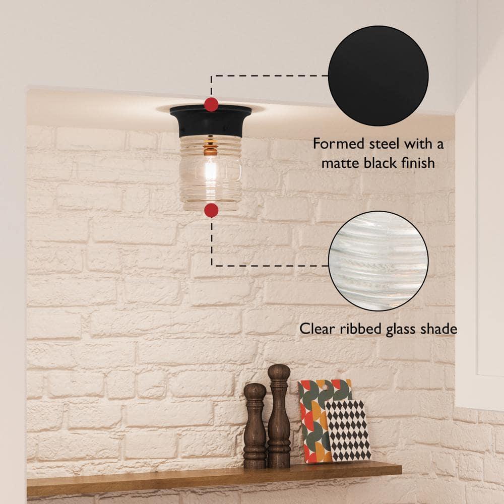 Design House Jelly Jar 1-Light Indoor/Outdoor Flush Mount Ceiling Light with Clear Ribbed Glass, Black